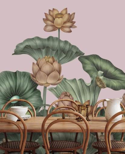 fresque murale personnalisable en forme de lotus vert et pêche appelée Peach Lotus par Karina Eibatova pour les salles à manger et les chambres