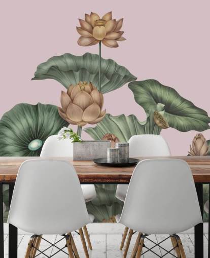 mural de parede de lótus personalizável em verde e pêssego chamado Peach Lotus de Karina Eibatova para salas de jantar e quartos