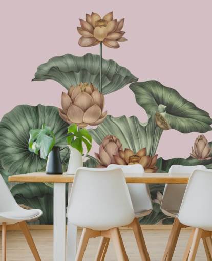 murale da parete personalizzabile con loto verde e pesca chiamato Peach Lotus di Karina Eibatova per sale da pranzo e camere da letto