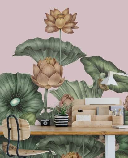 mural de pared de loto personalizable verde y melocotón llamado Peach Lotus de Karina Eibatova para comedores y dormitorios