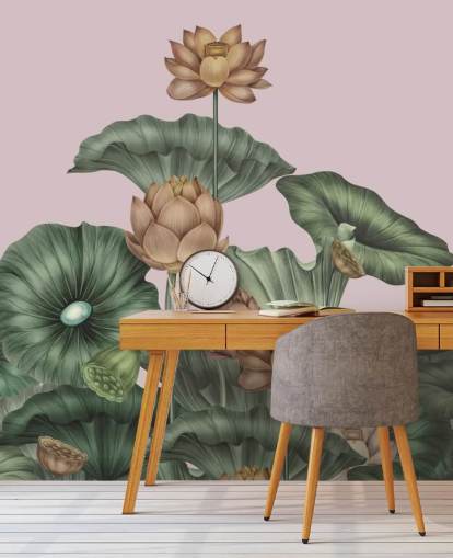 green and peach customisable lotus wall mural called Peach Lotus by Karina Eibatova for dining rooms and bedrooms