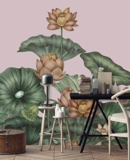 green and peach customisable lotus wall mural called Peach Lotus by Karina Eibatova for dining rooms and bedrooms