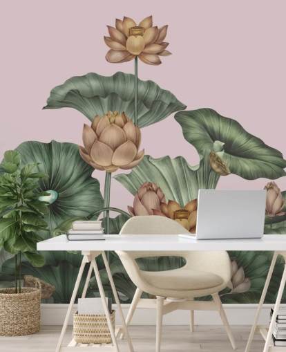 grön och persika anpassningsbar lotus väggmålning kallad Peach Lotus av Karina Eibatova för matsalar och sovrum