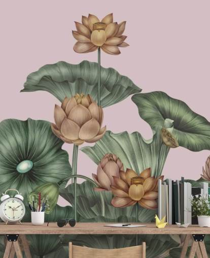 grønn og fersken tilpassbar lotus veggmaleri kalt Peach Lotus av Karina Eibatova for spisestuer og soverom