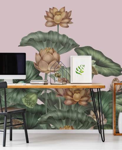 mural de parede de lótus personalizável em verde e pêssego chamado Peach Lotus de Karina Eibatova para salas de jantar e quartos mural de parede de lótus personalizável em verde e pêssego chamado Peach Lotus de Karina Eibatova para salas de jantar e quartos