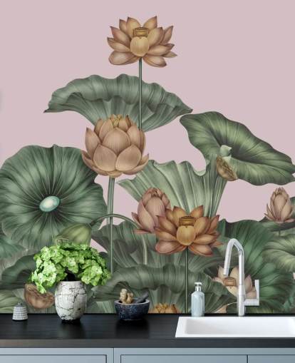 mural de parede de lótus personalizável em verde e pêssego chamado Peach Lotus de Karina Eibatova para salas de jantar e quartos