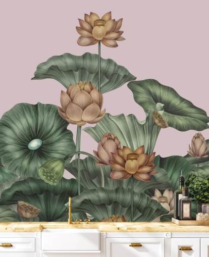 grønn og fersken tilpassbar lotus veggmaleri kalt Peach Lotus av Karina Eibatova for spisestuer og soverom