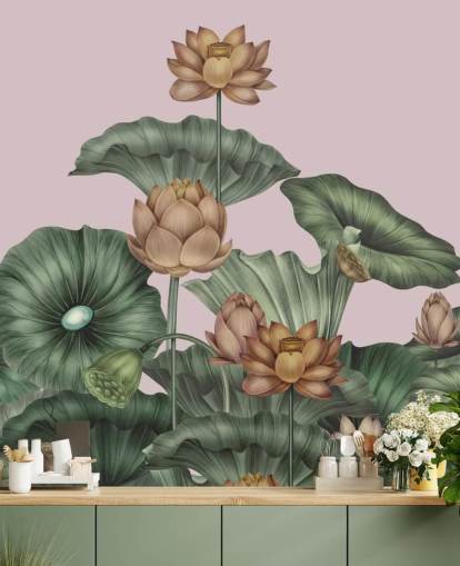 groene en perzik aanpasbare lotusmuurschildering genaamd Peach Lotus van Karina Eibatova voor eetkamers en slaapkamers groene en perzik aanpasbare lotusmuurschildering genaamd Peach Lotus van Karina Eibatova voor eetkamers en slaapkamers
