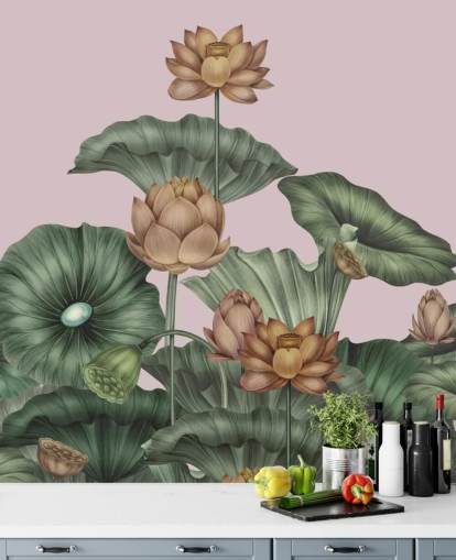 green and peach customizable lotus wall mural called Peach Lotus by Karina Eibatova for dining rooms and bedrooms