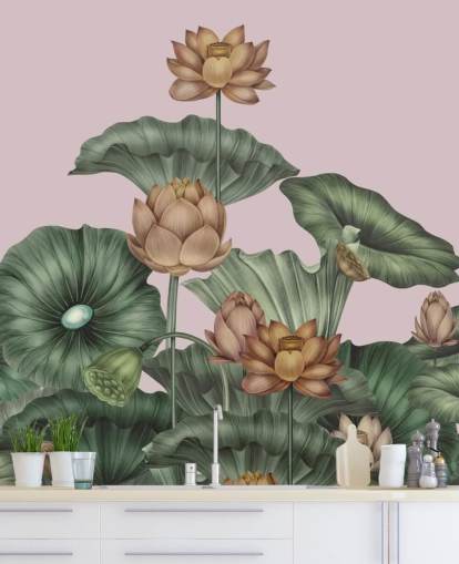 green and peach customizable lotus wall mural called Peach Lotus by Karina Eibatova for dining rooms and bedrooms green and peach customizable lotus wall mural called Peach Lotus by Karina Eibatova for dining rooms and bedrooms