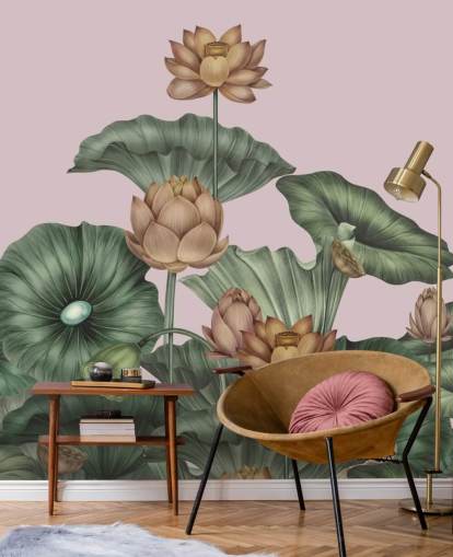 green and peach customizable lotus wall mural called Peach Lotus by Karina Eibatova for dining rooms and bedrooms