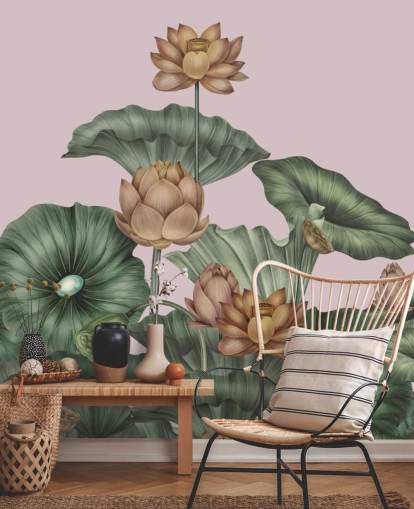 fresque murale personnalisable en forme de lotus vert et pêche appelée Peach Lotus par Karina Eibatova pour les salles à manger et les chambres