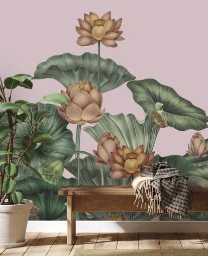 green and peach customisable lotus wall mural called Peach Lotus by Karina Eibatova for dining rooms and bedrooms