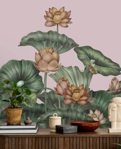 fresque murale personnalisable en forme de lotus vert et pêche appelée Peach Lotus par Karina Eibatova pour les salles à manger et les chambres
