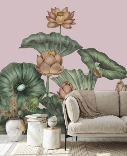 fresque murale personnalisable en forme de lotus vert et pêche appelée Peach Lotus par Karina Eibatova pour les salles à manger et les chambres