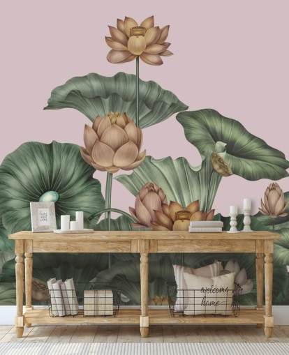 murale da parete personalizzabile con loto verde e pesca chiamato Peach Lotus di Karina Eibatova per sale da pranzo e camere da letto