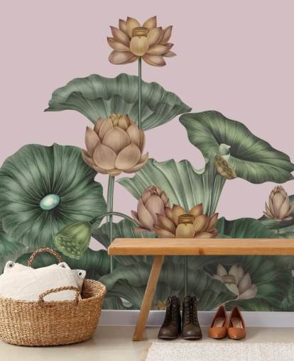 grön och persika anpassningsbar lotus väggmålning kallad Peach Lotus av Karina Eibatova för matsalar och sovrum