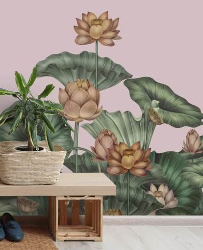 mural de parede de lótus personalizável em verde e pêssego chamado Peach Lotus de Karina Eibatova para salas de jantar e quartos mural de parede de lótus personalizável em verde e pêssego chamado Peach Lotus de Karina Eibatova para salas de jantar e quartos