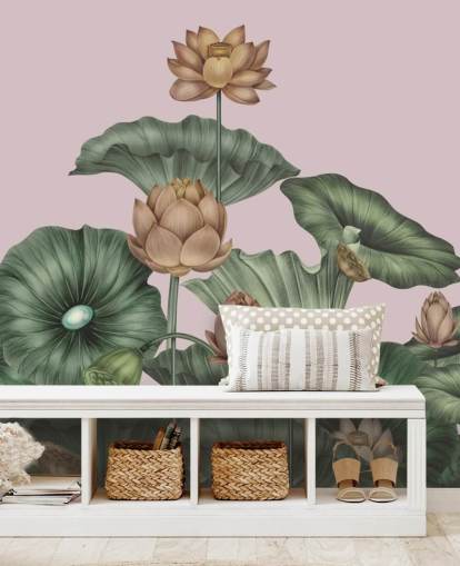 mural de parede de lótus personalizável em verde e pêssego chamado Peach Lotus de Karina Eibatova para salas de jantar e quartos