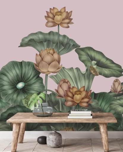 Personalisierbares Lotus-Wandbild Peach Lotus von Karina Eibatova in Grün und Pfirsich für Esszimmer und Schlafzimmer