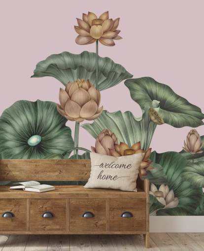 grønn og fersken tilpassbar lotus veggmaleri kalt Peach Lotus av Karina Eibatova for spisestuer og soverom