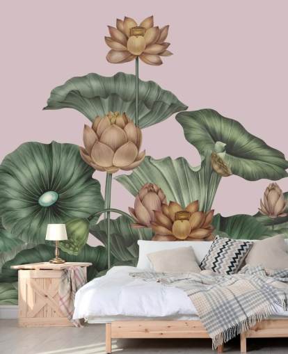 murale da parete personalizzabile con loto verde e pesca chiamato Peach Lotus di Karina Eibatova per sale da pranzo e camere da letto murale da parete personalizzabile con loto verde e pesca chiamato Peach Lotus di Karina Eibatova per sale da pranzo e camere da letto