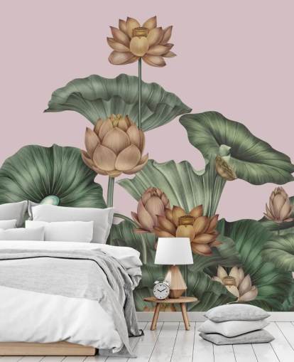 mural de parede de lótus personalizável em verde e pêssego chamado Peach Lotus de Karina Eibatova para salas de jantar e quartos