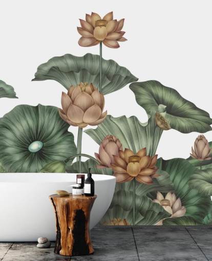 vit och grön anpassningsbar lotus väggmålning kallad White Lotus av Karina Eibatova