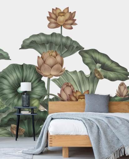 white and green customisable lotus wall mural called White Lotus by Karina Eibatova