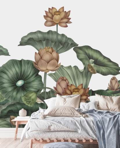 mural de parede de lótus personalizável branco e verde chamado White Lotus de Karina Eibatova mural de parede de lótus personalizável branco e verde chamado White Lotus de Karina Eibatova