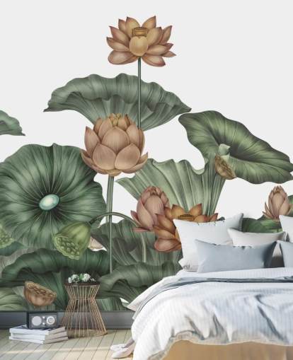 mural de pared de loto personalizable blanco y verde llamado White Lotus de Karina Eibatova mural de pared de loto personalizable blanco y verde llamado White Lotus de Karina Eibatova