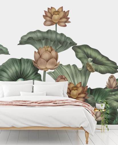 mural de pared de loto personalizable blanco y verde llamado White Lotus de Karina Eibatova mural de pared de loto personalizable blanco y verde llamado White Lotus de Karina Eibatova