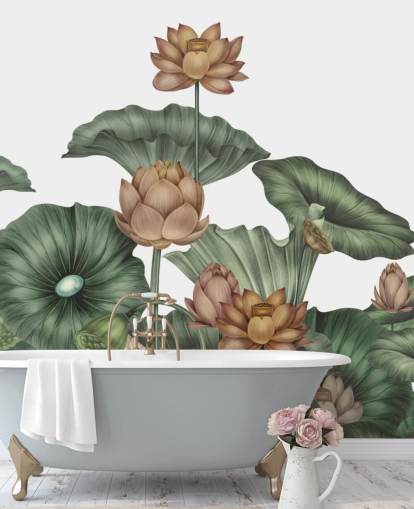 Weißes und grünes personalisierbares Lotus-Wandbild namens White Lotus von Karina Eibatova Weißes und grünes personalisierbares Lotus-Wandbild namens White Lotus von Karina Eibatova