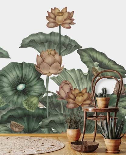 mural de pared de loto personalizable blanco y verde llamado White Lotus de Karina Eibatova