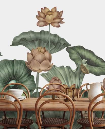 mural de parede de lótus personalizável branco e verde chamado White Lotus de Karina Eibatova