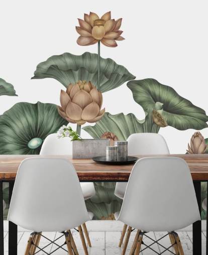 white and green customizable lotus wall mural called White Lotus by Karina Eibatova