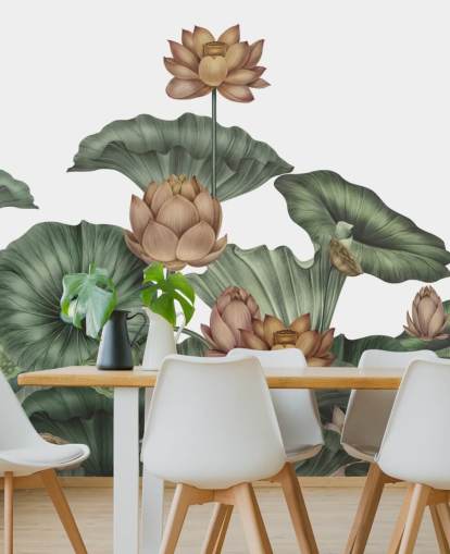 mural de pared de loto personalizable blanco y verde llamado White Lotus de Karina Eibatova