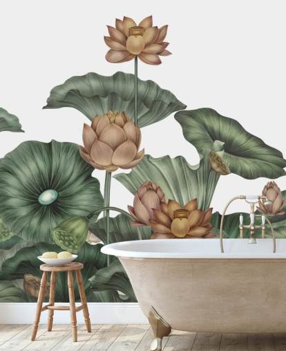 white and green customisable lotus wall mural called White Lotus by Karina Eibatova