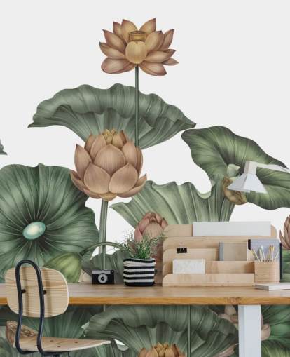 white and green customizable lotus wall mural called White Lotus by Karina Eibatova