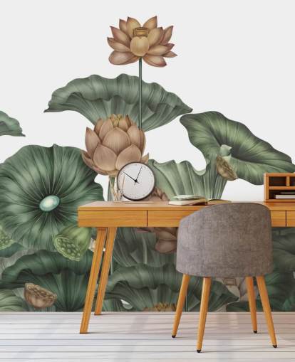 murale da parete personalizzabile con loto bianco e verde chiamato White Lotus di Karina Eibatova