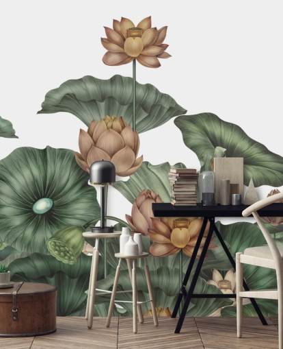 Weißes und grünes personalisierbares Lotus-Wandbild namens White Lotus von Karina Eibatova Weißes und grünes personalisierbares Lotus-Wandbild namens White Lotus von Karina Eibatova