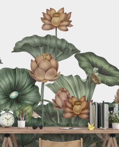 mural de pared de loto personalizable blanco y verde llamado White Lotus de Karina Eibatova