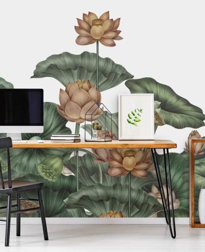 mural de pared de loto personalizable blanco y verde llamado White Lotus de Karina Eibatova