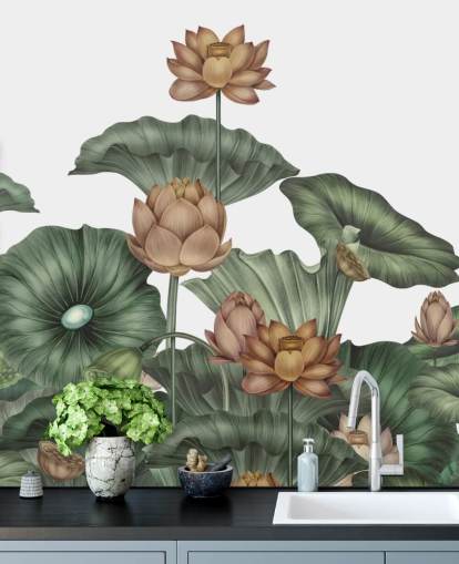 mural de parede de lótus personalizável branco e verde chamado White Lotus de Karina Eibatova