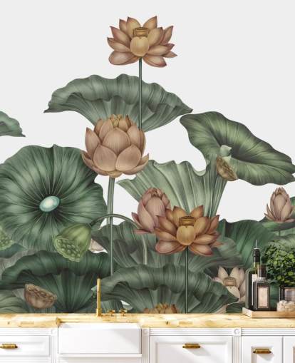 hvid og grøn tilpassbar lotus vægmaleri kaldet White Lotus af Karina Eibatova hvid og grøn tilpassbar lotus vægmaleri kaldet White Lotus af Karina Eibatova