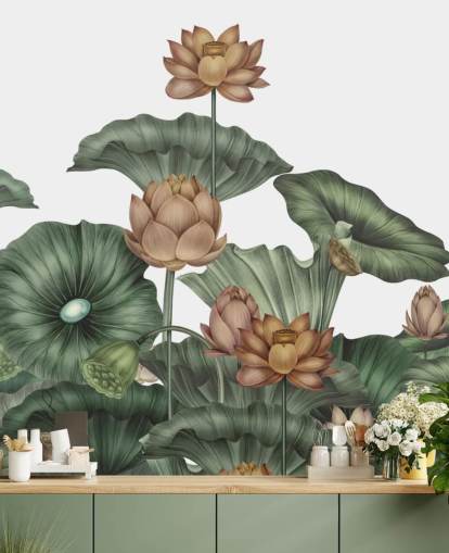 fresque murale de lotus personnalisable blanche et verte appelée White Lotus par Karina Eibatova