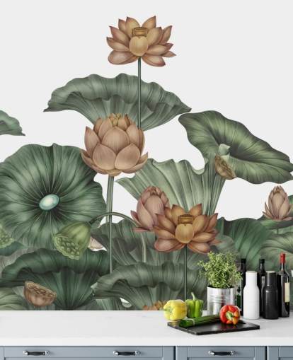 Weißes und grünes personalisierbares Lotus-Wandbild namens White Lotus von Karina Eibatova