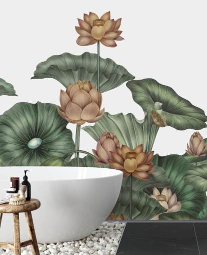 Weißes und grünes personalisierbares Lotus-Wandbild namens White Lotus von Karina Eibatova Weißes und grünes personalisierbares Lotus-Wandbild namens White Lotus von Karina Eibatova