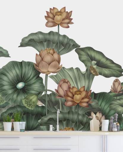 witte en groene aanpasbare lotusmuurschildering genaamd White Lotus van Karina Eibatova witte en groene aanpasbare lotusmuurschildering genaamd White Lotus van Karina Eibatova