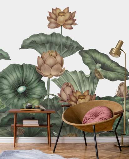 fresque murale de lotus personnalisable blanche et verte appelée White Lotus par Karina Eibatova